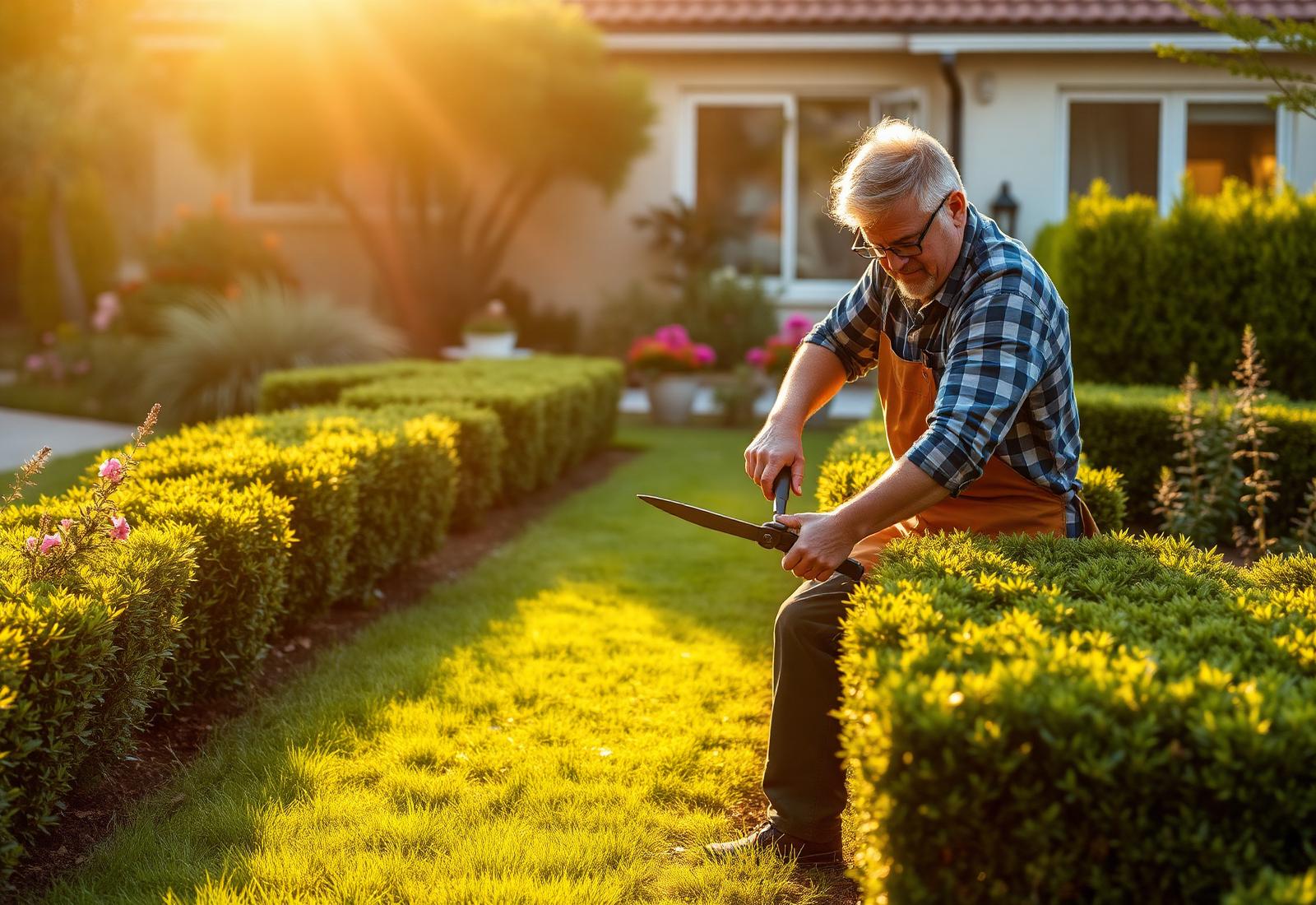Jardinero profesional trabajando en un jardín residencial chileno